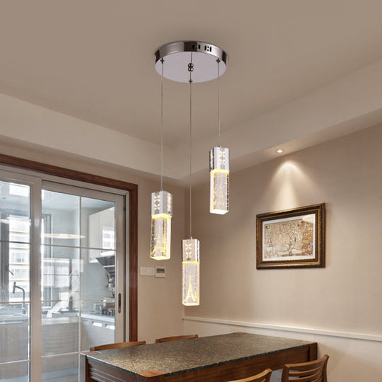 Square Tube Led Hanging Lamp Clear Crystal Glass 3-Light Cluster Pendant In Chrome For Dining Room