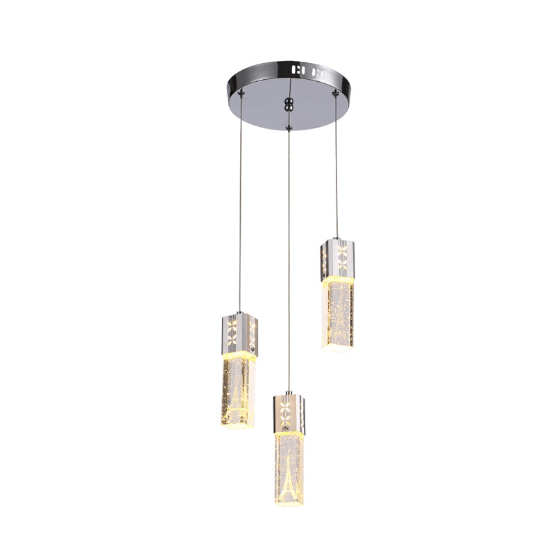 Modern Clear Crystal Glass 3-Light Pendant Square Tube Led Hanging Lamp In Chrome - Stylish Dining