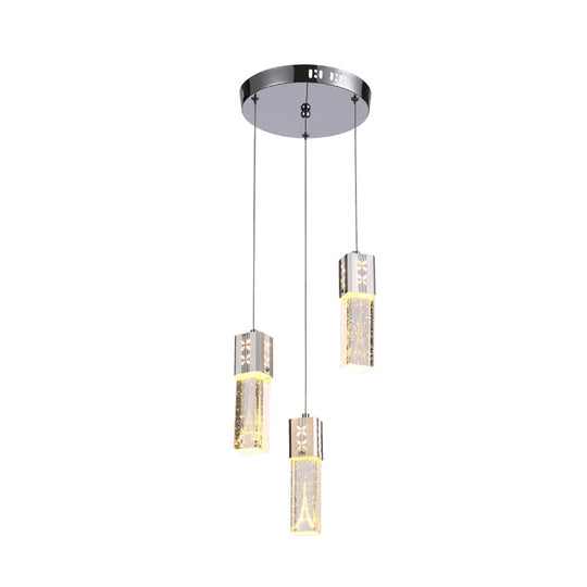 Square Tube Led Hanging Lamp Clear Crystal Glass 3-Light Cluster Pendant In Chrome For Dining Room