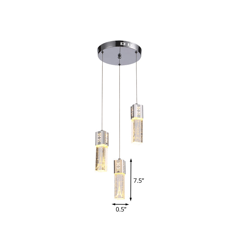Square Tube Led Hanging Lamp Clear Crystal Glass 3-Light Cluster Pendant In Chrome For Dining Room