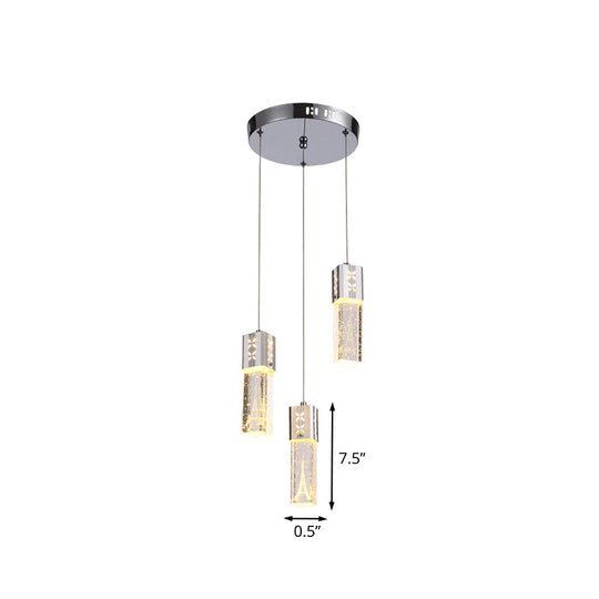 Square Tube Led Hanging Lamp Clear Crystal Glass 3-Light Cluster Pendant In Chrome For Dining Room