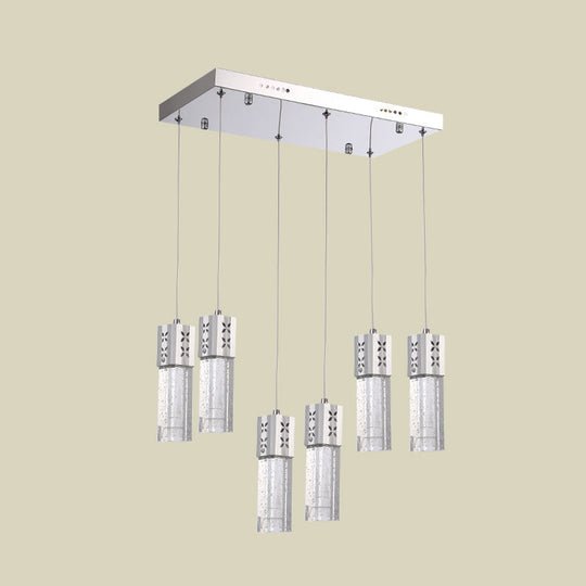 Modern Crystal Square Tube Ceiling Light - Chrome Finish 6-Light Led Pendulum Lamp
