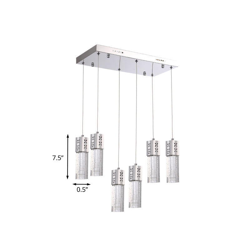 Modernist Crystal Square Tube Multi Ceiling Light: 6-Light Led Pendulum Lamp In Chrome