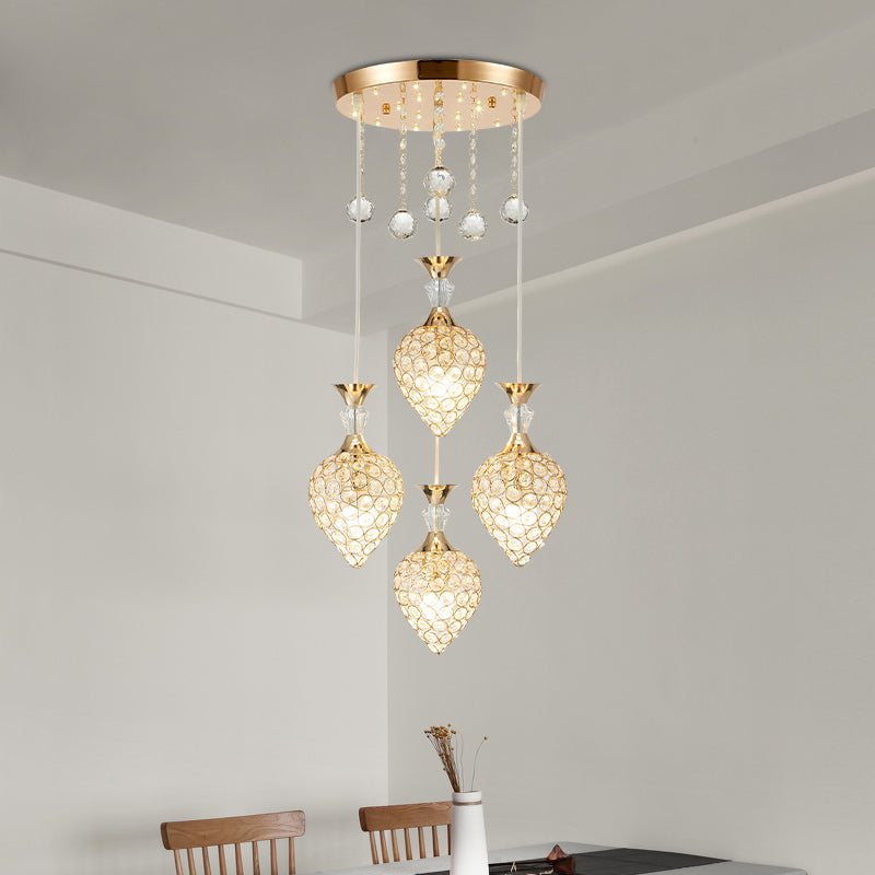 Gold Finish Teardrop Pendant With Crystal Cluster & Modernist Design - 3 Bulb Hanging Ceiling Light