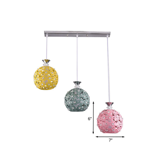 Modern 3-Head Globe Cluster Pendant With Floret Design - Green-Yellow-Pink Hanging Lighting
