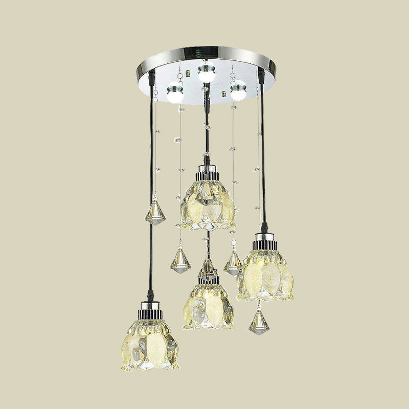 Contemporary Crystal Lotus Shade Pendant Lamp With 4-Bulb Chrome Hanging Light Kit