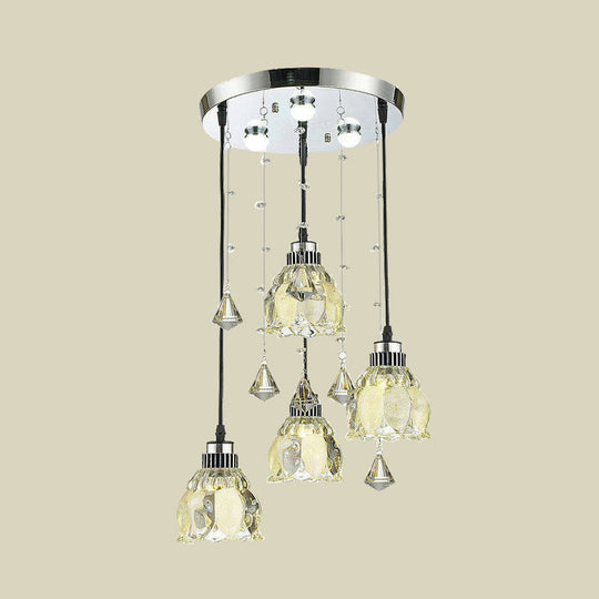 Contemporary Crystal Lotus Shade Pendant Lamp With 4-Bulb Chrome Hanging Light Kit