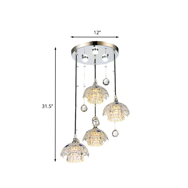 Cylinder Crystal Block Cluster Pendant Light With Umbrella Top - Contemporary Chrome Finish 4 Lights