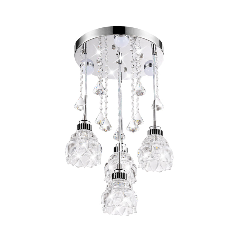 Modern 4-Head Crystal Shade Flower Ceiling Light Fixture - Chrome Finish Multi-Pendant