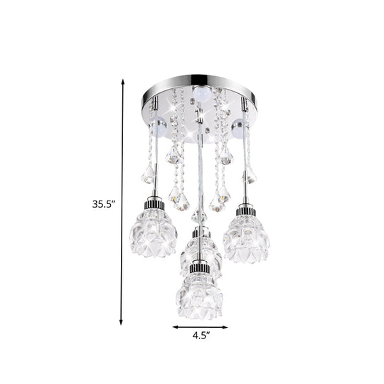 Stylish 4-Light Multi-Pendant With Crystal Shade - Chrome Finish Flower Ceiling Light Fixture