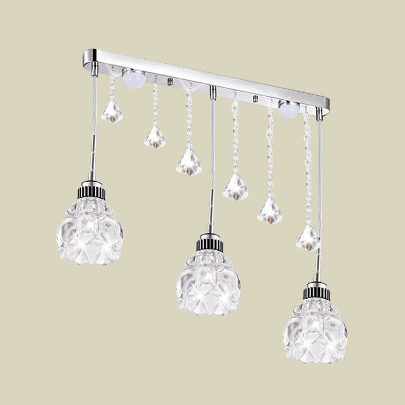 Simple Silver Floral 3-Head Crystal Glass Pendant Lamp Above Dining Table