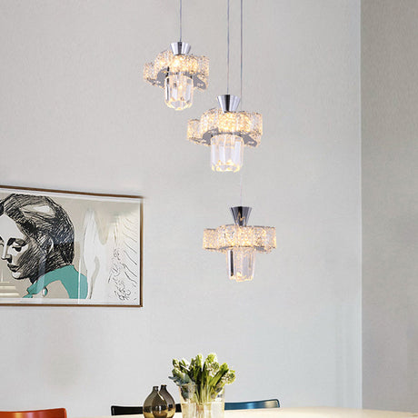 Modern Chrome Windmill Multi Light Pendant With Clear Faceted Crystal - 3-Light Hanging Lamp Kit