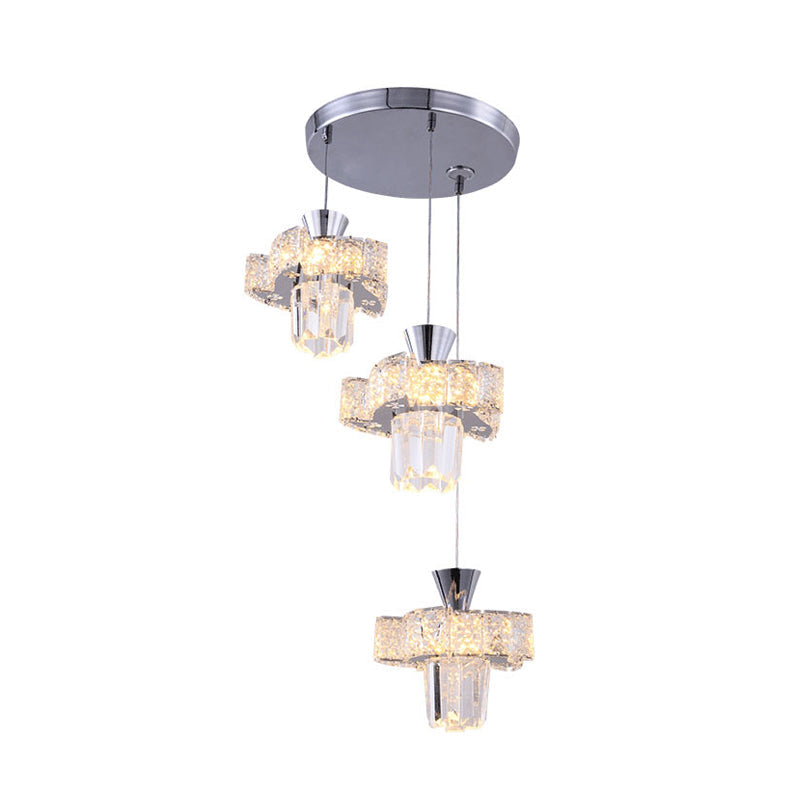 Modern Chrome Windmill Multi Light Pendant With Clear Faceted Crystal - 3-Light Kit