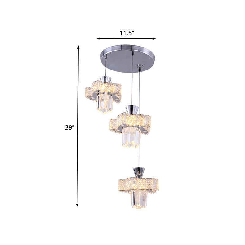 Modern Chrome Windmill Multi Light Pendant With Clear Faceted Crystal - 3-Light Hanging Lamp Kit