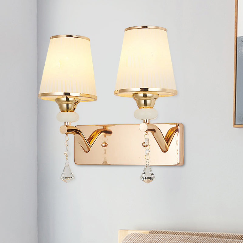 Gold Crystal Wall Sconce With Conical Shades - 2 Bulb Contemporary Mount Light