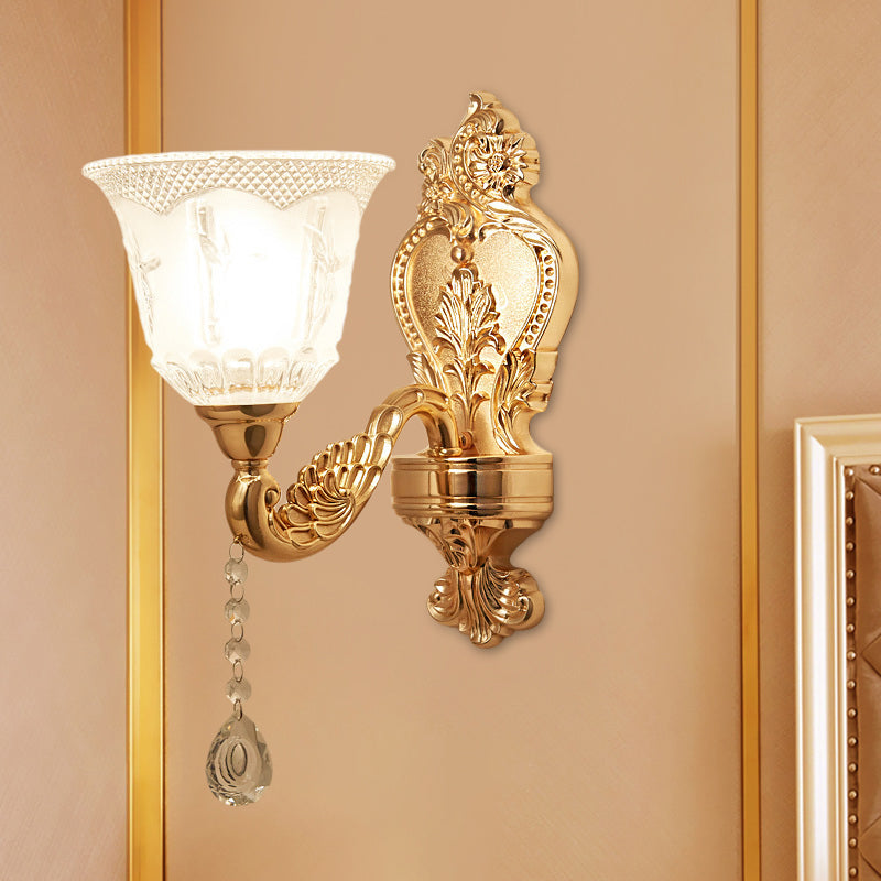 Modernist Crystal Shade Gold Wall Sconce: Elegant Bell Flower Design 1-Light Living Room Lamp /