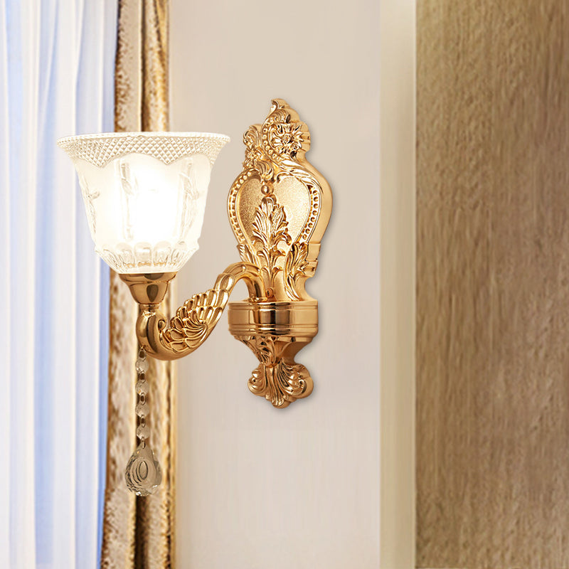 Modernist Crystal Shade Gold Wall Sconce: Elegant Bell Flower Design 1-Light Living Room Lamp