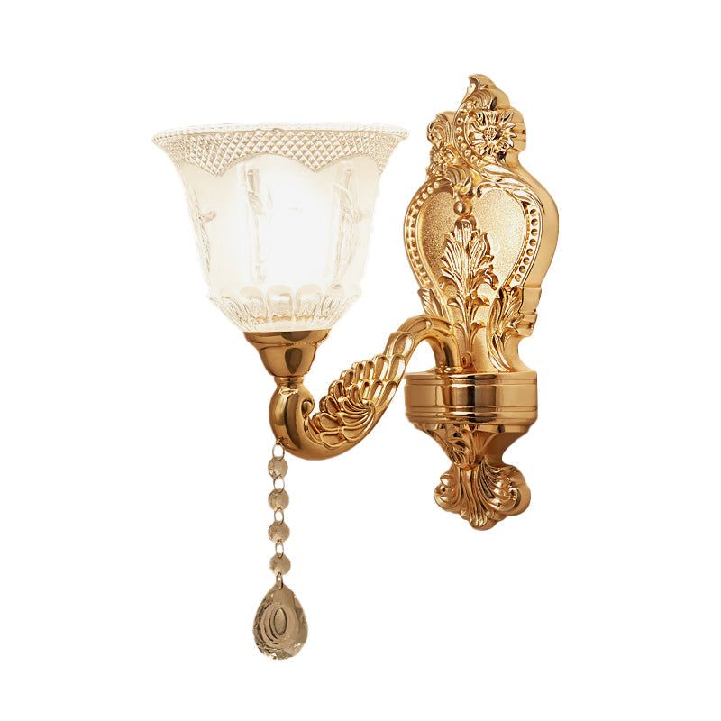 Modernist Crystal Shade Gold Wall Sconce: Elegant Bell Flower Design 1-Light Living Room Lamp