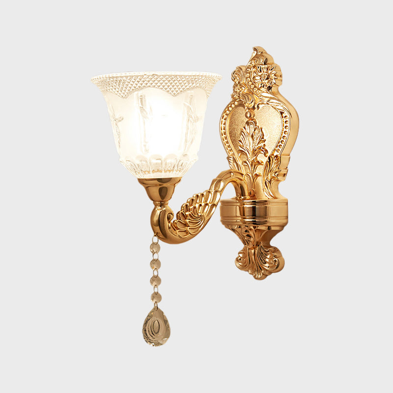 Modernist Crystal Shade Gold Wall Sconce: Elegant Bell Flower Design 1-Light Living Room Lamp