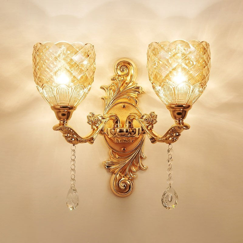 European Gold Textured Crystal Wall Sconce: 2-Light Dome/Flower Up Lamp Fixture