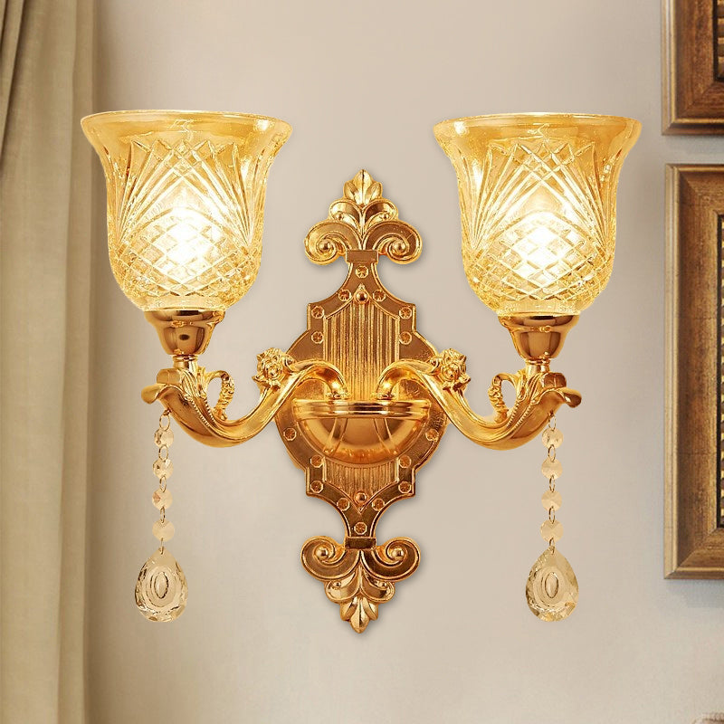 European Gold Textured Crystal Wall Sconce: 2-Light Dome/Flower Up Lamp Fixture / B
