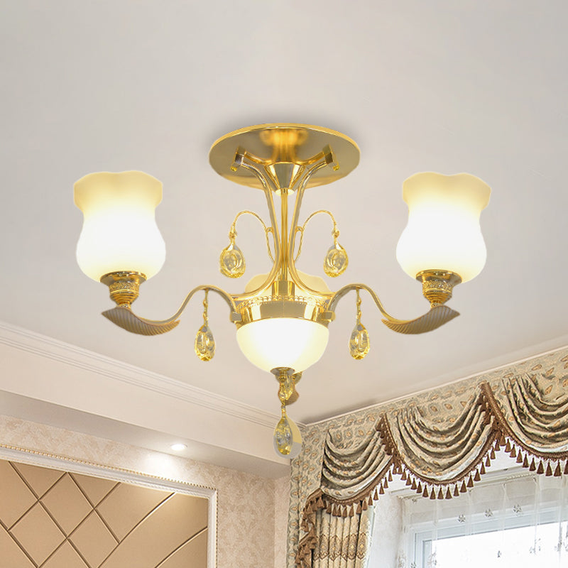 Tulip Flower Semi Flush Gold Ceiling Light For Modern Bedrooms - 3-Light Milk Glass