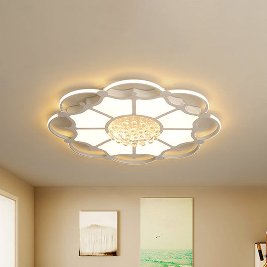 Floral Led Ceiling Lamp: White Acrylic Modern Flush Mount With Crystal Orbs - Ideal For Living Rooms