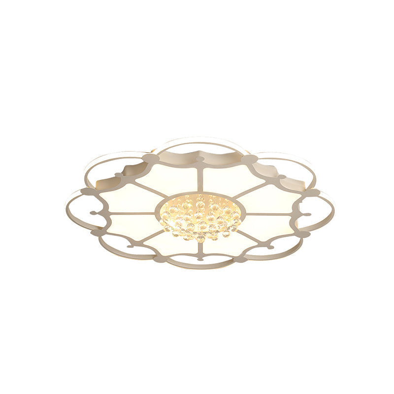 Floral Led Ceiling Lamp: White Acrylic Modern Flush Mount With Crystal Orbs - Ideal For Living Rooms
