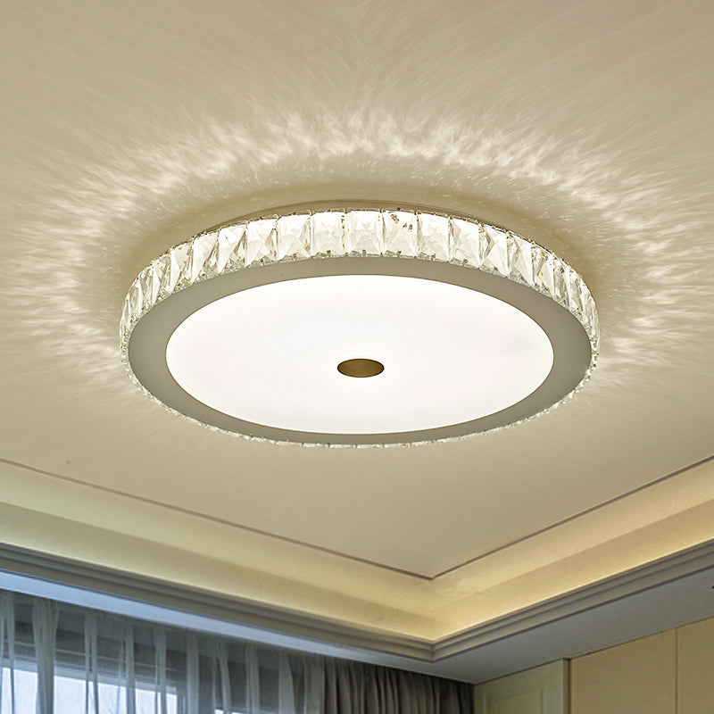 Simple Bedroom Led Beveled Crystal Circle Flushmount Ceiling Light In White