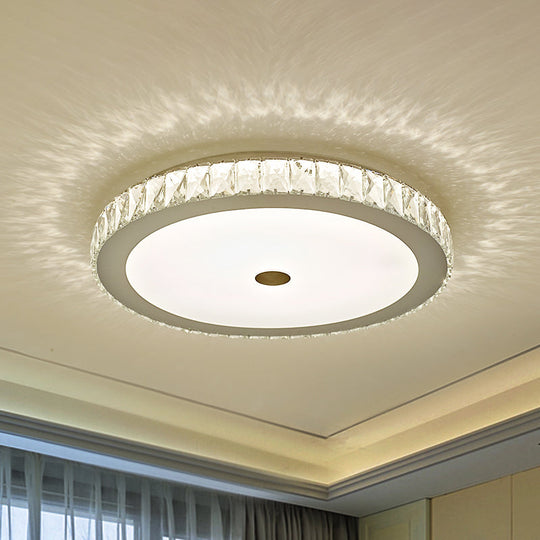 Simple Bedroom Led Beveled Crystal Circle Flushmount Ceiling Light In White