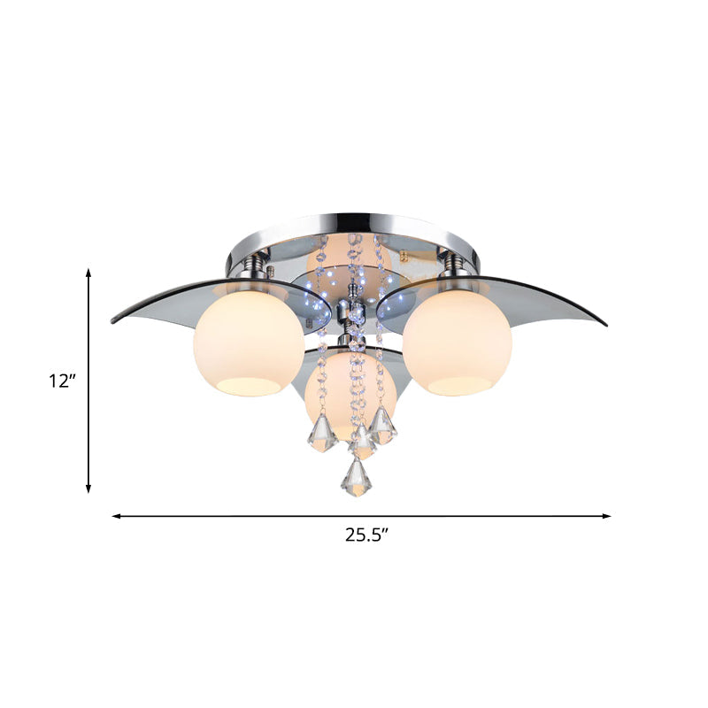 Modern Cream Glass Ball Dining Room Semi Flush Light With Crystal Diamond Accents - 3 - Bulb Chrome