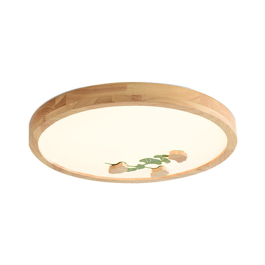 Wood Led Flushmount Ceiling Lamp With Ginkgo Leaf On Circle Design - Ideal For Bedroom Lighting
