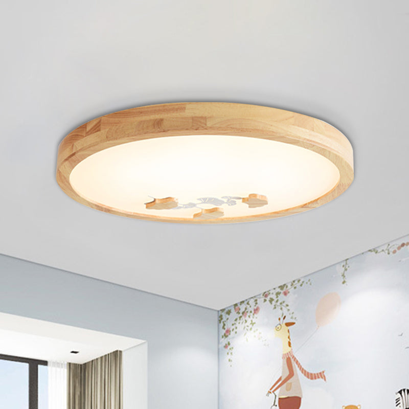 Wood Led Flushmount Ceiling Lamp With Ginkgo Leaf On Circle Design - Ideal For Bedroom Lighting