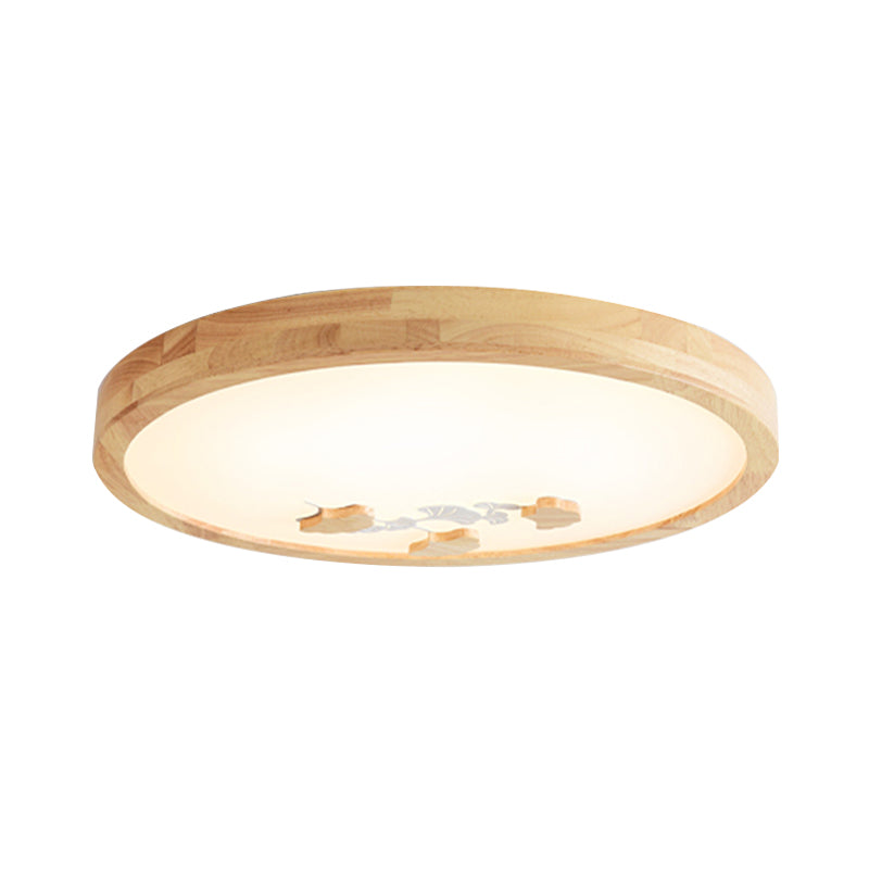 Wood Led Flushmount Ceiling Lamp With Ginkgo Leaf On Circle Design - Ideal For Bedroom Lighting