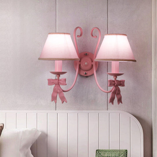 Macaron Pink Bow Wall Lamp With Fabric Shade - Bedroom Mounted Light