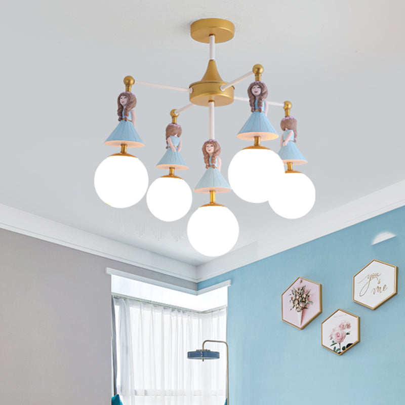 Cartoon Girl Flush Mount Ceiling Light: Blue Resin 5 - Bulb Kids Bedroom Fixture With White Glass