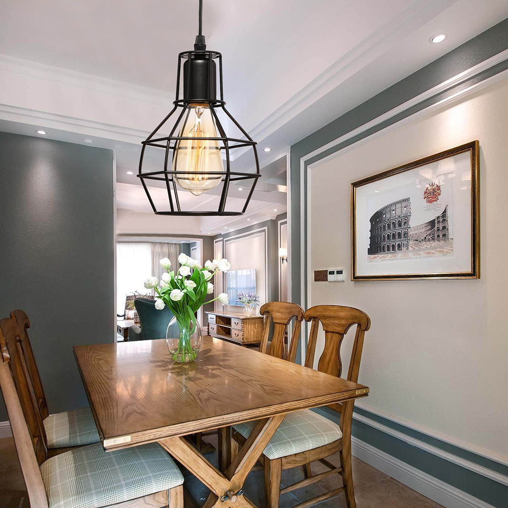 Retro Loft Black Metal Hanging Ceiling Light With Globe Cage Shade - Plug-In Suspension