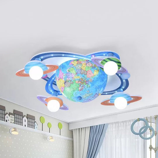 Modern Blue Wood Globe Ceiling Mount Light With Four Heads - Perfect For Baby Bedroom