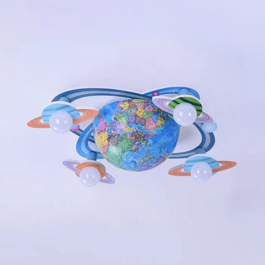 Modern Blue Wood Globe Ceiling Mount Light With Four Heads - Perfect For Baby Bedroom