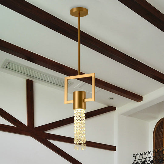 Postmodern Metal Bedside Hanging Lamp With Crystal Fringe - Brass Rectangle Pendant 1-Light
