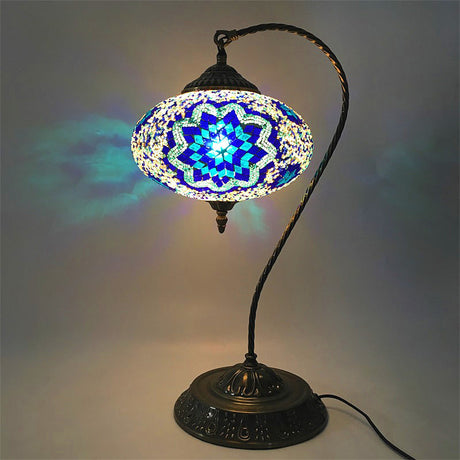 Stained Art Glass Night Light With Curved Arm In Yellow/Blue/Green Blue