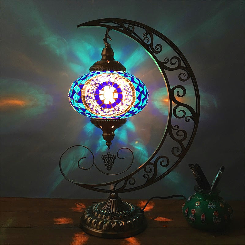 Sarir - Blue Oval Table Light Decorative Stained Glass 1 Bulb Bedroom Night Lamp With Moon Shape Arm