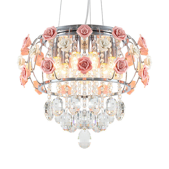 Modern Chrome Drum Cage Pendant Chandelier With 6 Bulbs And Pink Rose Crystal Drape – Dining