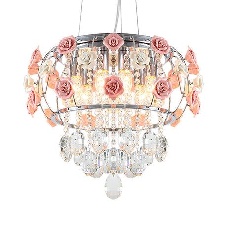 Modern Chrome Drum Cage Pendant Chandelier With Crystalline Pink Rose Accent - Dining Table