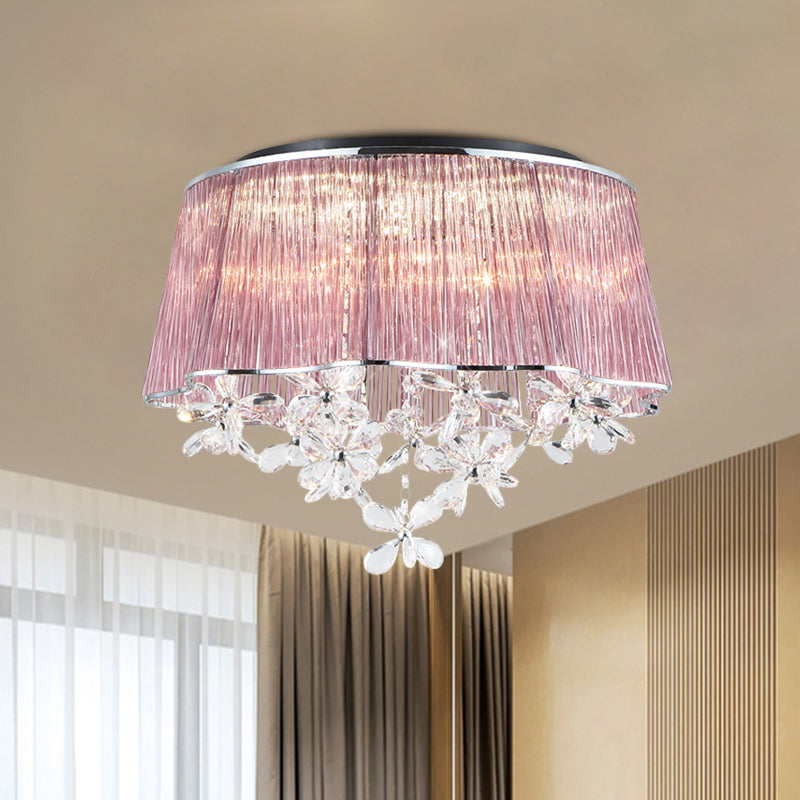 Modernist Pink Crystal Rods Ceiling Lamp With Scalloped Drum Shade 3-Light Flush Mount