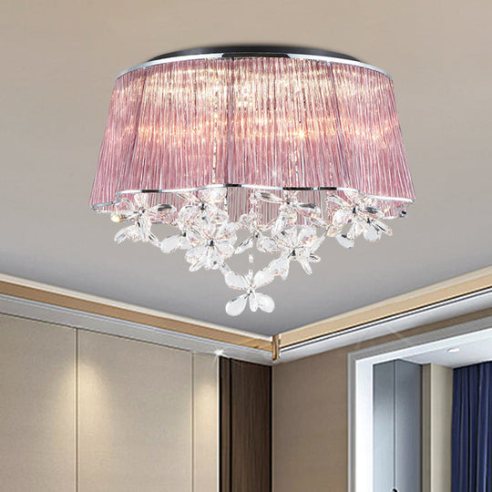 Modernist Pink Crystal Rods Ceiling Lamp With Scalloped Drum Shade 3-Light Flush Mount