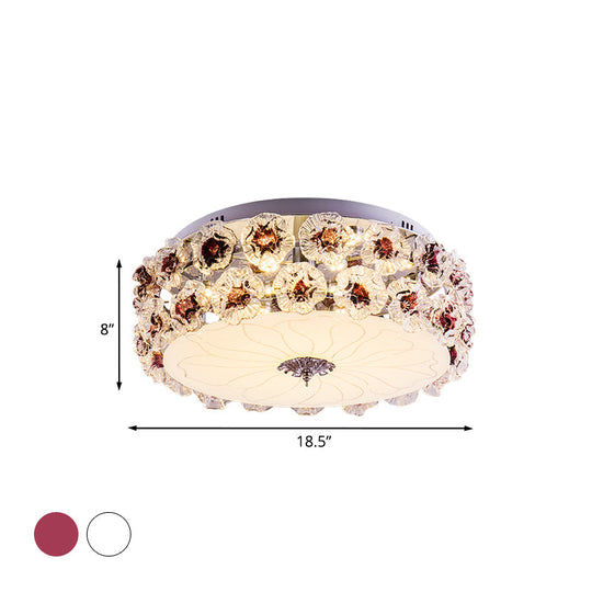 Purple/White Led Flush Light Ceiling Lamp With Crystal Flower Accents