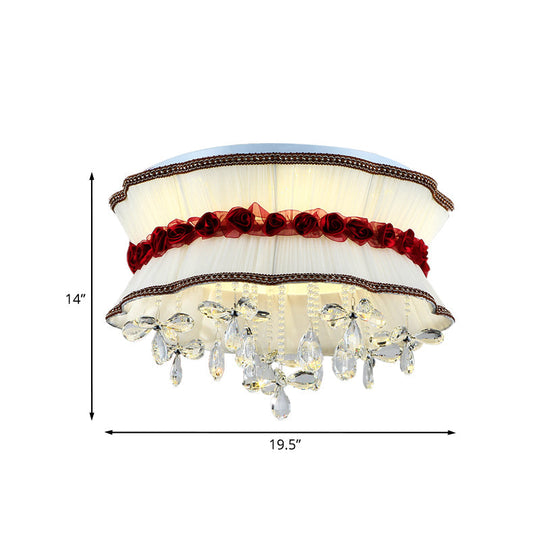 Modern Pleated Fabric Bouquet Flush Mount Led Ceiling Light In Beige With Red Rose Accent And