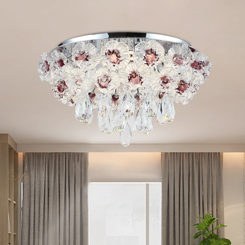 Contemporary Crystal Flower Ceiling Lamp - 3-Light Flushmount Lighting For Living Room