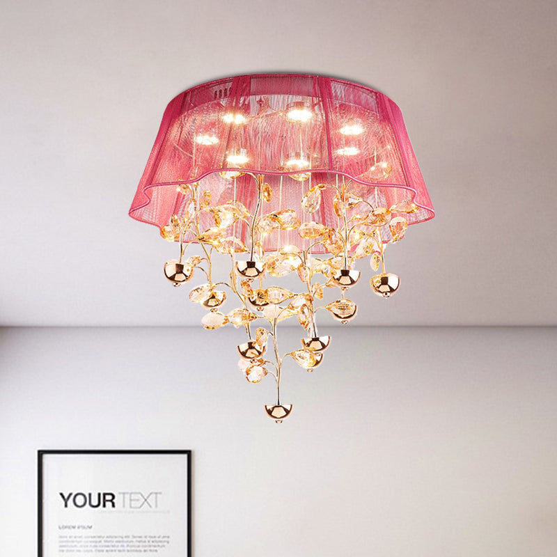 Scalloped Silver/Pink Ceiling Flush Modernist Bedroom Led Lamp With Crystal Tree Design Pink